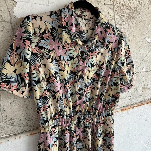 Vintage Floral Button Front Midi Dress Pastel Tropical Print Size M - Picture 2 of 7